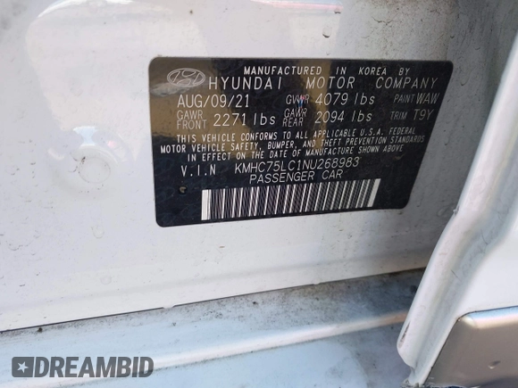 2022 Hyundai Ioniq SE with VIN KMHC75LC1NU268983, listed as a IAAI auction lot 41851313 with 34,865 mi miles and . Bid and sale history available at DreamBid. Image 9.