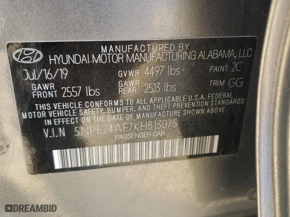 2019 Hyundai Sonata SE with VIN 5NPE24AF7KH813075, listed as a Copart auction lot 48076565 with 73,384 mi miles and Salvage Title. Bid and sale history available at carsss.com. Image 14.