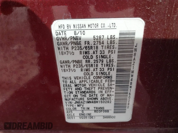 2011 Nissan Murano SV z VIN JN8AZ1MW4BW150292, wystawiony jako IAAI lot #41809777 z przebiegiem 198 717 mil mil oraz . Historia ofert i sprzedaży dostępna na DreamBid. Obrazek 9.