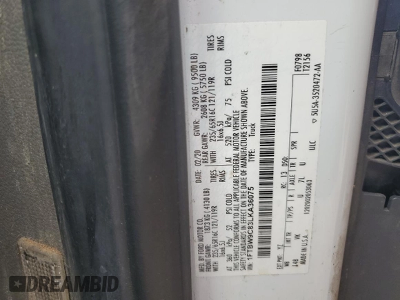 2020 Ford Transit Cargo with VIN 1FTBW9C83LKA36075, listed as a Copart auction lot 50836325 with 145,435 mi miles and Non Repairable. Bid and sale history available at DreamBid. Image 12.