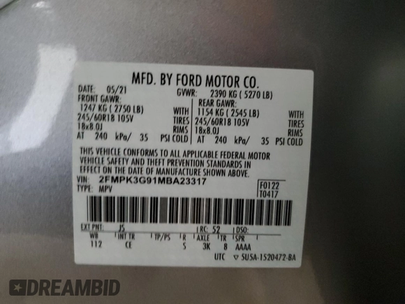 2021 Ford Edge SE с VIN 2FMPK3G91MBA23317, выставлен на аукционе Copart как лот 49802305 с пробегом 67 220 миль миль и Чистый • Clean title. История ставок и продаж доступна на DreamBid. Изображение 13.