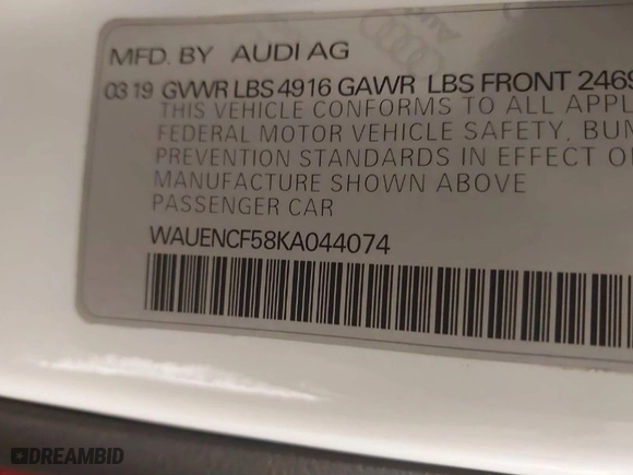 2019 Audi A5 Sportback Premium Plus with VIN WAUENCF58KA044074, listed as a IAAI auction lot 41300962 with 45,001 mi miles. Bid and sale history available at carsss.com. Image 9.