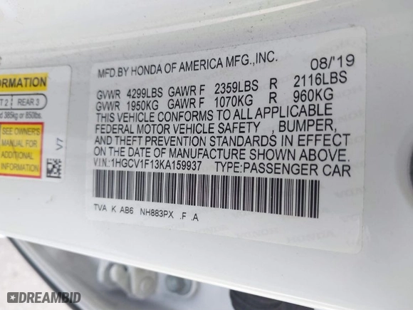 2019 Honda Accord Sedan LX 1.5T with VIN 1HGCV1F13KA159937, listed as a IAAI auction lot 41727410 with 97,146 mi miles. Bid and sale history available at carsss.com. Image 9.