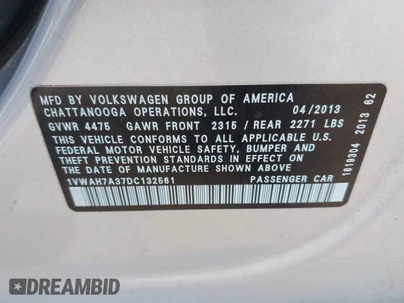 2013 Volkswagen Passat Wolfsburg Edition with VIN 1VWAH7A37DC132561, listed as a IAAI auction lot 41913353 with 125,709 mi miles and . Bid and sale history available at DreamBid. Image 9.