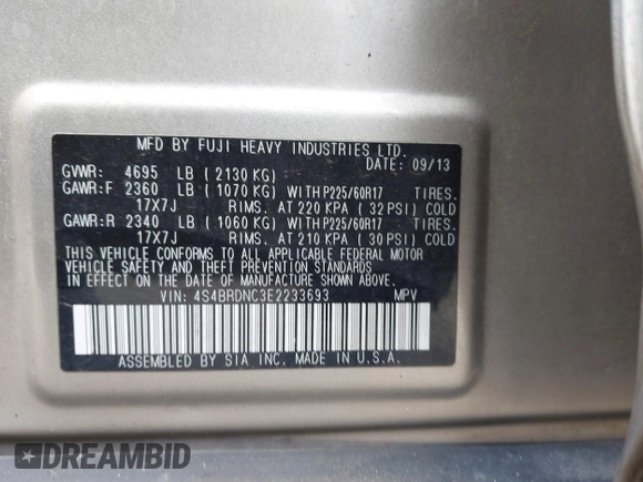 2014 Subaru Outback 3.6R Limited with VIN 4S4BRDNC3E2233693, listed as a IAAI auction lot 41875185 with 176,493 mi miles. Bid and sale history available at carsss.com. Image 9.