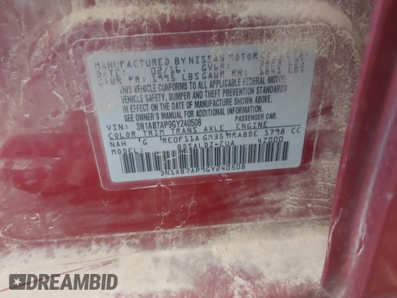 2016 Nissan Sentra S with VIN 3N1AB7AP9GY240508, listed as a IAAI auction lot 41781621 with 127,080 mi miles and . Bid and sale history available at DreamBid. Image 9.
