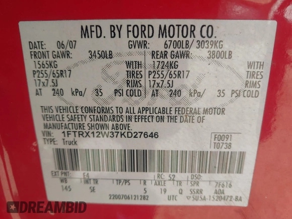 2007 Ford F-150 STX with VIN 1FTRX12W37KD27646, listed as a IAAI auction lot 42259231 with 186,713 mi miles and . Bid and sale history available at DreamBid. Image 9.