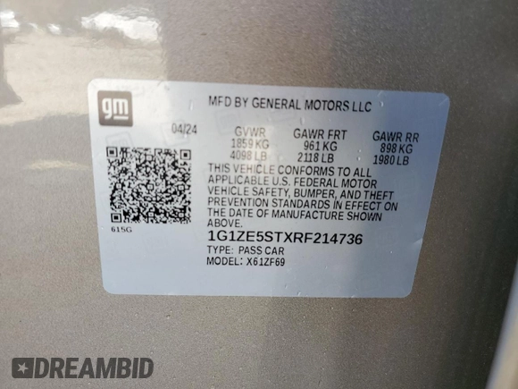 2024 Chevrolet Malibu LT with VIN 1G1ZE5STXRF214736, listed as a Copart auction lot 51078745 with 22,121 mi miles and Clean Title. Bid and sale history available at DreamBid. Image 12.