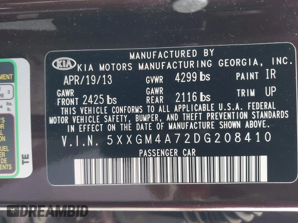 2013 Kia Optima LX z VIN 5XXGM4A72DG208410, wystawiony jako IAAI lot #42078867 z przebiegiem 89 033 mil mil oraz . Historia ofert i sprzedaży dostępna na DreamBid. Obrazek 9.