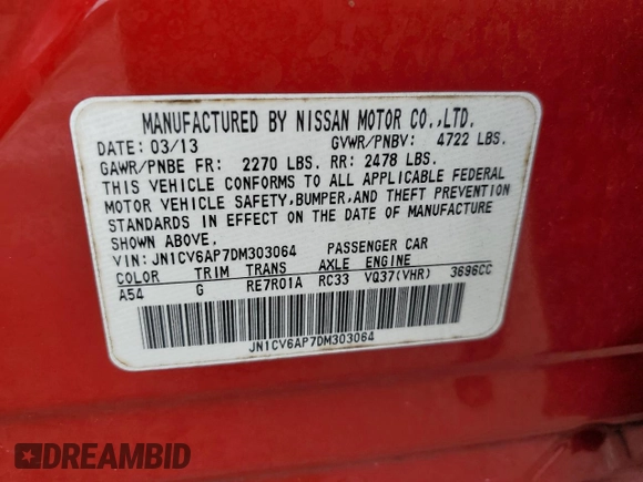 2013 Infiniti G37 Journey with VIN JN1CV6AP7DM303064, listed as a Copart auction lot 56461445 with 110,465 mi miles and Salvage title. Bid and sale history available at DreamBid. Image 13.