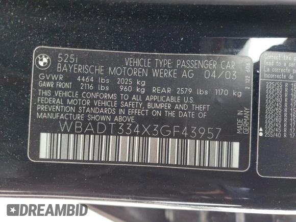 2003 BMW 5 Series 525i with VIN WBADT334X3GF43957, listed as a Copart auction lot 47324795 with 167,248 mi miles and Salvage Title. Bid and sale history available at carsss.com. Image 14.