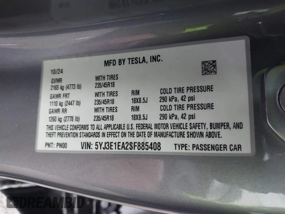 2025 Tesla Model 3 Long Range with VIN 5YJ3E1EA2SF885408, listed as a IAAI auction lot 41778498 with 1,566 mi miles and . Bid and sale history available at DreamBid. Image 9.