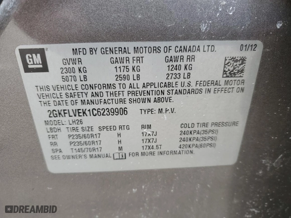 2012 GMC Terrain SLT-1 with VIN 2GKFLVEK1C6239906, listed as a Copart auction lot 44587645 with 225,599 mi miles and Salvage Title. Bid and sale history available at carsss.com. Image 13.