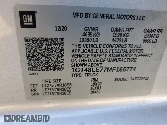 2021 GMC Sierra 1500 with VIN 1GT48LE77MF165774, listed as a Copart auction lot 66538814 with 186,600 mi miles and Clean Title. Bid and sale history available at DreamBid. Image 12.
