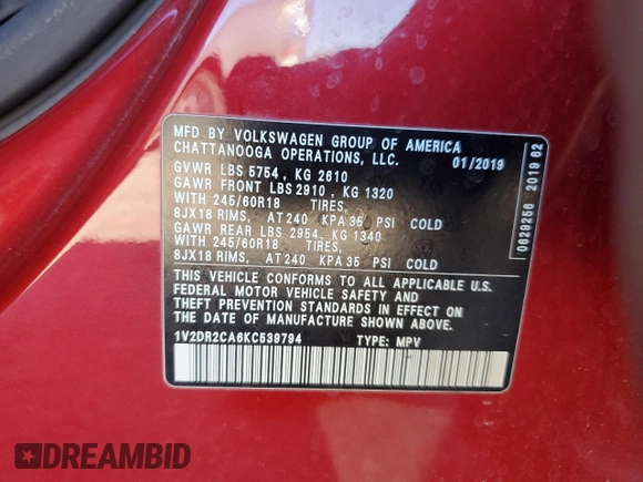 2019 Volkswagen Atlas SE with VIN 1V2DR2CA6KC539794, listed as a Copart auction lot 46585725 with 88,099 mi miles and Salvage title. Bid and sale history available at DreamBid. Image 13.