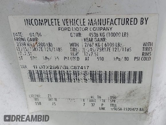 2016 Ford F-250 XL with VIN 1FD7X2B67GEC87417, listed as a IAAI auction lot 42014957 with 570,737 mi miles and . Bid and sale history available at DreamBid. Image 9.
