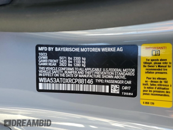 2024 BMW 4 Series M440i with VIN WBA53AT0XRCP88146, listed as a Copart auction lot 75429174 with Not Provided miles and Non Repairable. Bid and sale history available at carsss.com. Image 13.