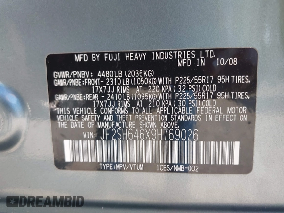 2009 Subaru Forester X Limited with VIN JF2SH646X9H769026, listed as a IAAI auction lot 42803413 with 206,056 mi miles and . Bid and sale history available at DreamBid. Image 9.