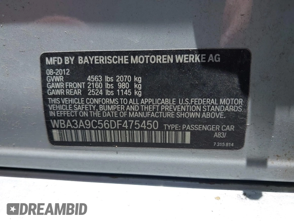 2013 BMW 3 Series 335i z VIN WBA3A9C56DF475450, wystawiony jako IAAI lot #42469522 z przebiegiem Nie podano mil oraz . Historia ofert i sprzedaży dostępna na DreamBid. Obrazek 9.