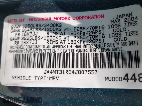 2004 Mitsubishi Montero XLS z VIN JA4MT31R34J007557, wystawiony jako IAAI lot #42368032 z przebiegiem 172 104 mil mil oraz . Historia ofert i sprzedaży dostępna na DreamBid. Obrazek 9.