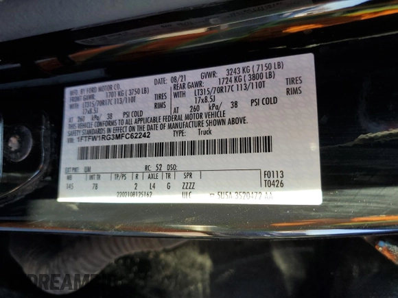 2021 Ford F-150 Raptor with VIN 1FTFW1RG3MFC62242, listed as a Copart auction lot 85596594 with 33,497 mi miles and Salvage Title. Bid and sale history available at carsss.com. Image 12.