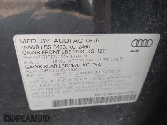 2016 Audi Q5 Premium Plus z VIN WA1L2AFP4GA120397, wystawiony jako IAAI lot #42482873 z przebiegiem 44 275 mil mil oraz . Historia ofert i sprzedaży dostępna na DreamBid. Obrazek 9.