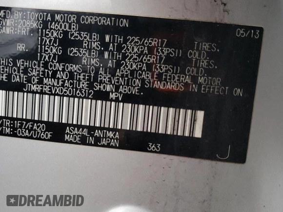 2013 Toyota RAV4 XLE with VIN JTMRFREVXD5016312, listed as a Copart auction lot 60490035 with 185,092 mi miles and Clean title. Bid and sale history available at DreamBid. Image 12.