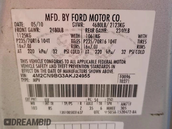 2010 Mercury Mariner с VIN 4M2CN9BG3AKJ24955, выставлен на аукционе Copart как лот 49281755 с пробегом 140 768 миль миль и Списание • Salvage title. История ставок и продаж доступна на DreamBid. Изображение 13.