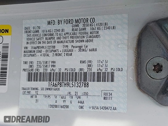 2020 Ford Mustang EcoBoost with VIN 1FA6P8TH9L5132788, listed as a IAAI auction lot 42246736 with 86,321 mi miles and . Bid and sale history available at DreamBid. Image 9.