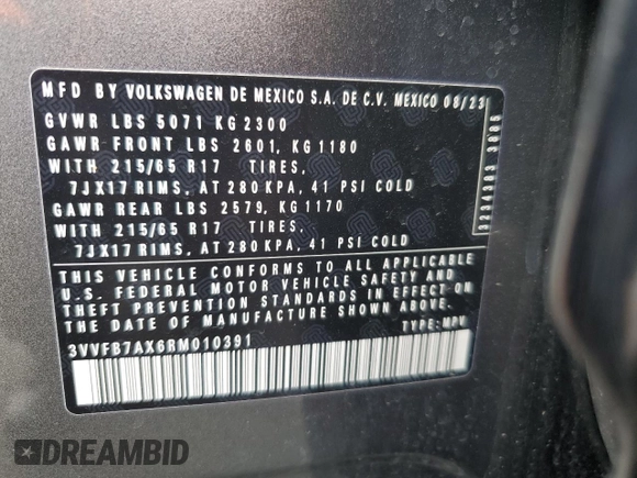 2024 Volkswagen Tiguan S with VIN 3VVFB7AX6RM010391, listed as a Copart auction lot 48162325 with 9,715 mi miles and Salvage title. Bid and sale history available at DreamBid. Image 12.