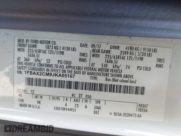 2018 Ford Transit Passenger XL with VIN 1FBAX2CM9JKA05167, listed as a IAAI auction lot 41010530 with 47,949 mi miles and . Bid and sale history available at DreamBid. Image 9.