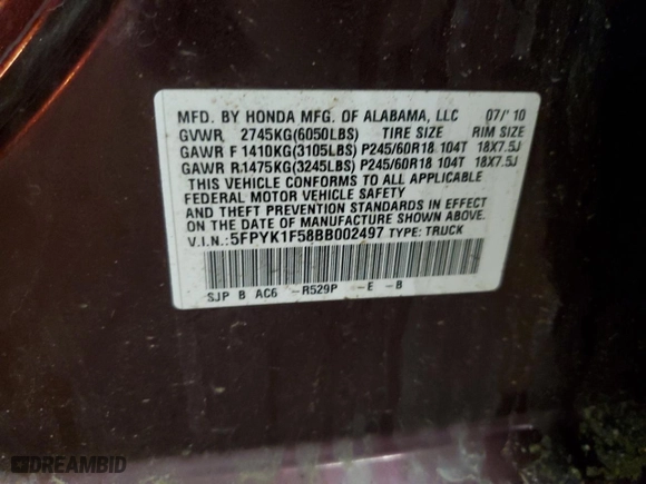 2011 Honda Ridgeline RTL with VIN 5FPYK1F58BB002497, listed as a Copart auction lot 47047345 with 110,800 mi miles and Salvage Title. Bid and sale history available at carsss.com. Image 12.
