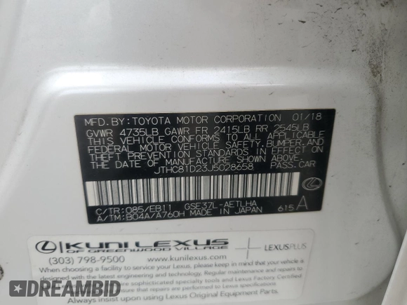 2018 Lexus IS 300 with VIN JTHC81D23J5028658, listed as a Copart auction lot 61391055 with 42,566 mi miles and Salvage title. Bid and sale history available at DreamBid. Image 12.