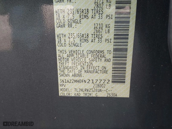 2015 Nissan Murano Platinum with VIN 5N1AZ2MH0FN217772, listed as a IAAI auction lot 41918231 with 168,952 mi miles. Bid and sale history available at carsss.com. Image 9.