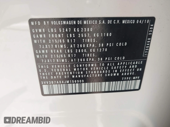 2018 Volkswagen Tiguan SEL с VIN 3VV3B7AX4JM156909, выставлен на аукционе IAAI как лот 42565869 с пробегом 60 886 миль миль и . История ставок и продаж доступна на DreamBid. Изображение 9.