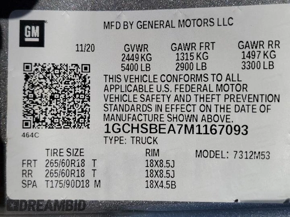 2021 Chevrolet Colorado 2WD Work Truck with VIN 1GCHSBEA7M1167093, listed as a Copart auction lot 53316075 with 51,238 mi miles and Salvage title. Bid and sale history available at DreamBid. Image 12.