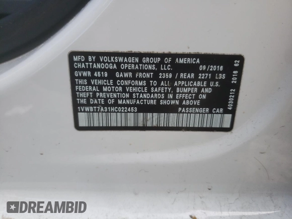 2017 Volkswagen Passat SE z VIN 1VWBT7A31HC022453, wystawiony jako Copart lot #88777855 z przebiegiem Nie podano mil oraz Szkoda całkowita • Salvage title. Historia ofert i sprzedaży dostępna na DreamBid. Obrazek 15.