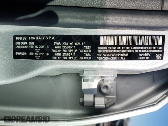2020 Jeep Renegade Jeepster with VIN ZACNJBAB1LPL06585, listed as a Copart auction lot 54607795 with 81,242 mi miles and Salvage title. Bid and sale history available at DreamBid. Image 13.