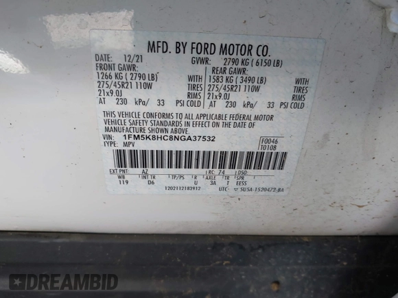 2022 Ford Explorer Platinum с VIN 1FM5K8HC8NGA37532, выставлен на аукционе IAAI как лот 42111439 с пробегом 64 092 миль миль и . История ставок и продаж доступна на DreamBid. Изображение 9.