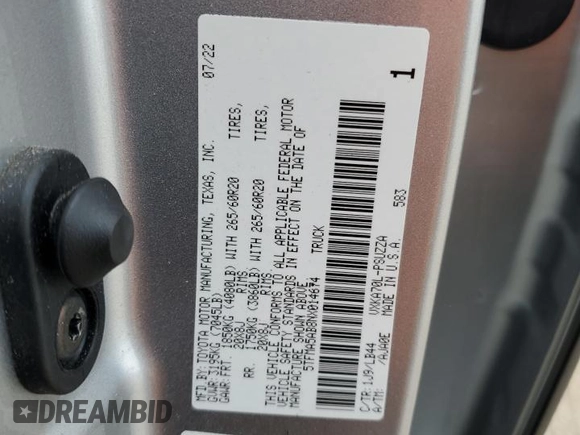 2022 Toyota Tundra 2WD 1794 Edition with VIN 5TFMA5AB8NX014674, listed as a Copart auction lot 71193994 with 15,316 mi miles and Salvage Title. Bid and sale history available at carsss.com. Image 12.