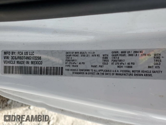 2022 Ram 1500 Tradesman with VIN 3C6JR6DT4NG172298, listed as a Copart auction lot 55274815 with 51,763 mi miles and Salvage title. Bid and sale history available at DreamBid. Image 13.