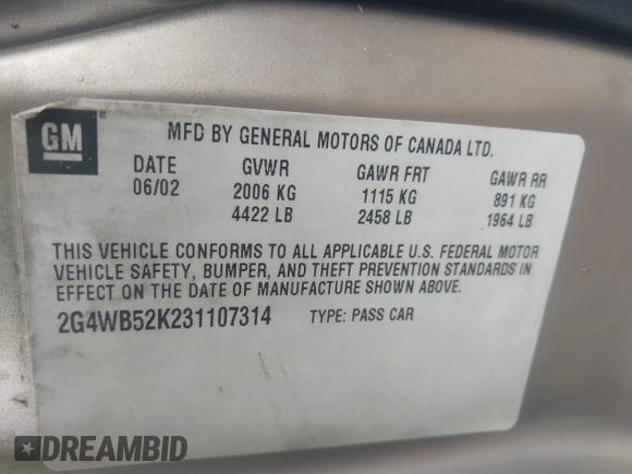 2003 Buick Regal LS with VIN 2G4WB52K231107314, listed as a IAAI auction lot 39562852 with 158,061 mi miles and . Bid and sale history available at DreamBid. Image 9.