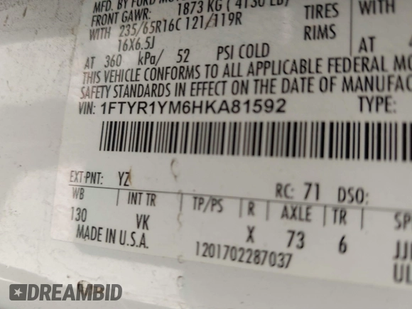 2017 Ford Transit с VIN 1FTYR1YM6HKA81592, выставлен на аукционе IAAI как лот 41800024 с пробегом Не указан миль и . История ставок и продаж доступна на DreamBid. Изображение 9.