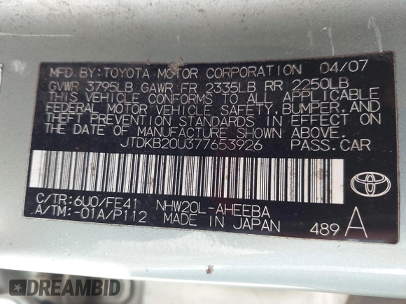 2007 Toyota Prius with VIN JTDKB20U377653926, listed as a IAAI auction lot 42175428 with 198,500 mi miles. Bid and sale history available at carsss.com. Image 9.