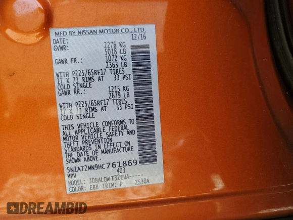 2017 Nissan Rogue SV z VIN 5N1AT2MN9HC761869, wystawiony jako Copart lot #57782335 z przebiegiem 76 896 mil mil oraz Szkoda całkowita • Salvage title. Historia ofert i sprzedaży dostępna na DreamBid. Obrazek 12.