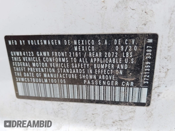 2020 Volkswagen Jetta S z VIN 3VWC57BU0LM100105, wystawiony jako IAAI lot #42213806 z przebiegiem 53 707 mil mil oraz . Historia ofert i sprzedaży dostępna na DreamBid. Obrazek 9.