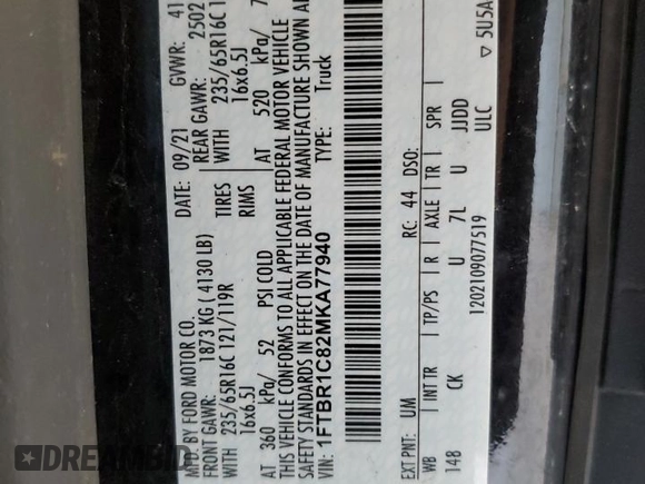 2021 Ford Transit Cargo with VIN 1FTBR1C82MKA77940, listed as a Copart auction lot 49711275 with 34,989 mi miles and Salvage Title. Bid and sale history available at DreamBid. Image 14.