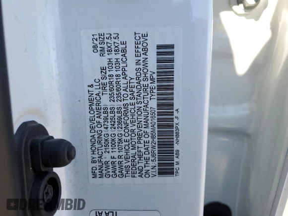 2021 Honda CR-V EX-L with VIN 5J6RW2H85MA016507, listed as a Copart auction lot 48067365 with 26,126 mi miles and Non repairable. Bid and sale history available at DreamBid. Image 13.