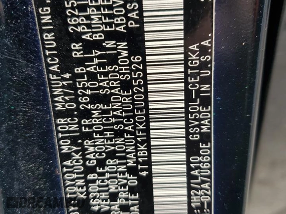 2014 Toyota Camry SE with VIN 4T1BK1FK0EU025526, listed as a Copart auction lot 50795485 with 236,054 mi miles and Salvage Title. Bid and sale history available at carsss.com. Image 13.