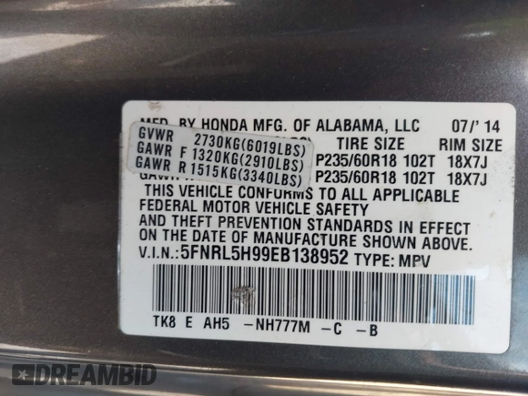 2014 Honda Odyssey Touring with VIN 5FNRL5H99EB138952, listed as a IAAI auction lot 42538833 with 146,959 mi miles and . Bid and sale history available at DreamBid. Image 9.